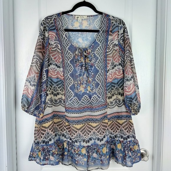 Unity World Wear Tops - Unity Blouse Womens Size 1X Sheer Floral Front Lace Tie 3/4 Sleeve Ruffle Hem
